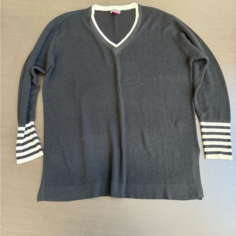 Vince Camuto Black and White V-Neck Sweater with Striped Cuffs